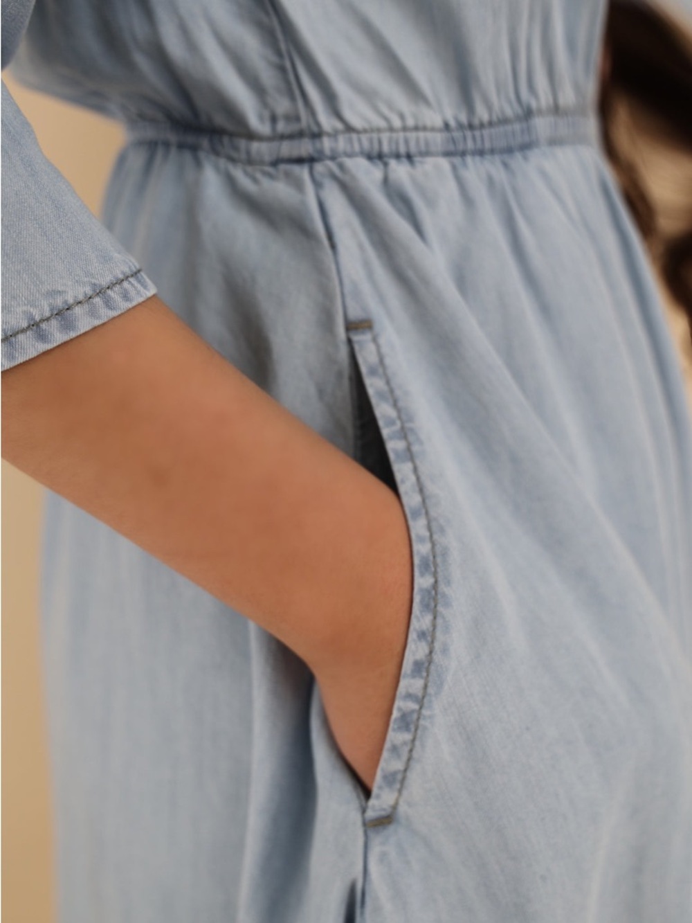 New Light Wash Denim Midi Dress with Button Front - Picture 4 of 13